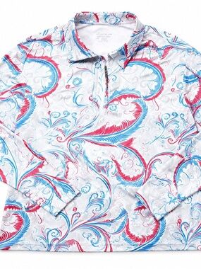 Women's White Pullover Top with Blue & Pink Swirl Print